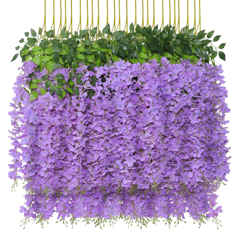 U'Artlines 24 Pack (Total 86.4 Feet) Artificial Fake Wisteria Vine Rattan Hanging Garland Silk Flowers String Home Party Wedding Decor (24, Purple) - Image 1